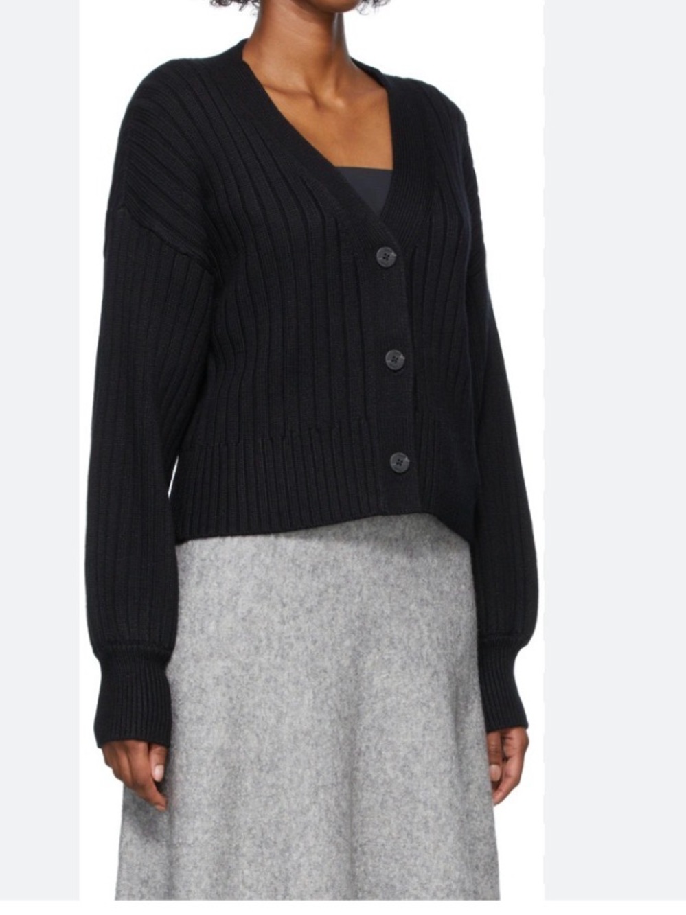 STAUD Black Ribbed V-Neck Button Cardigan